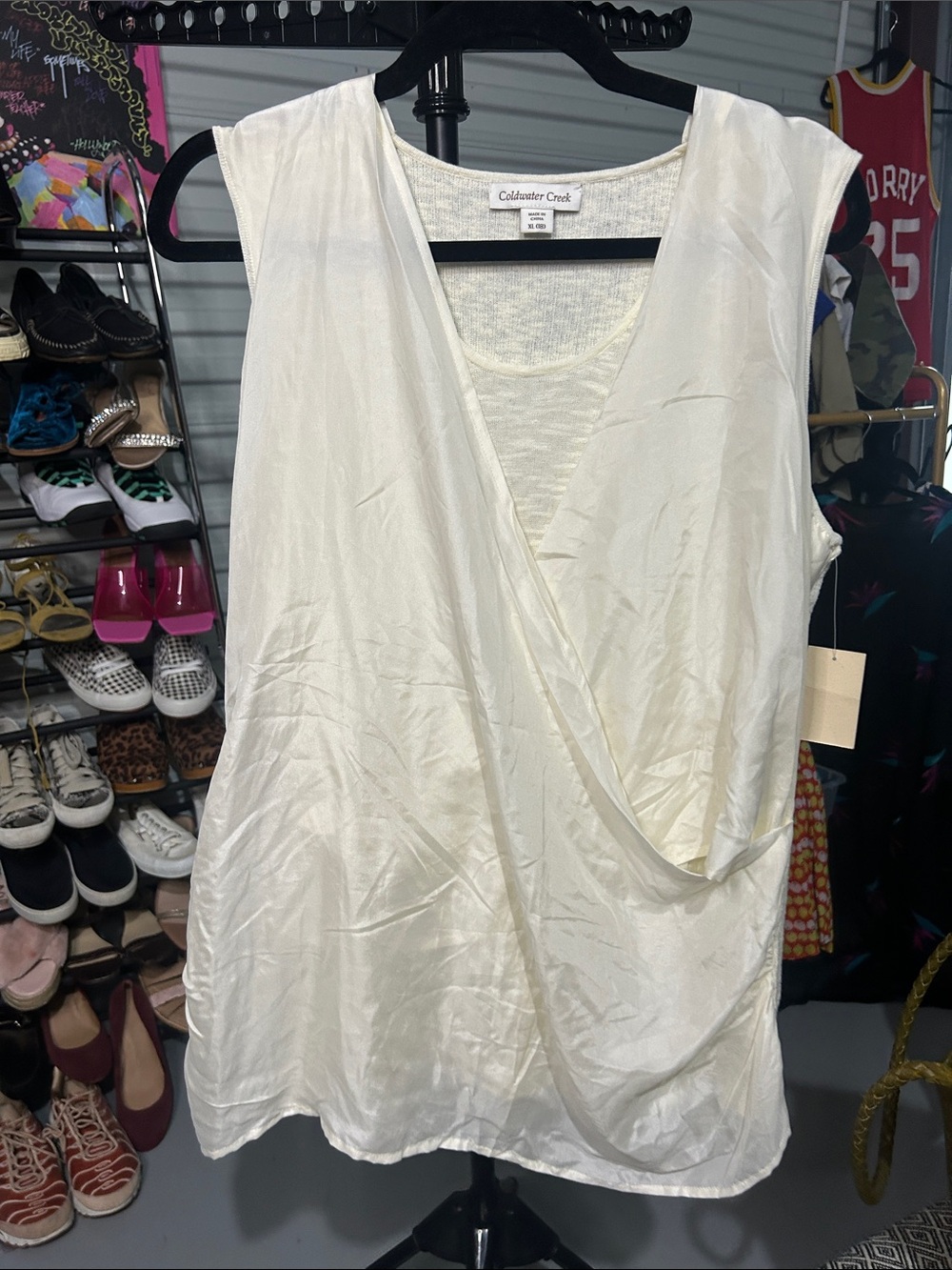 NWT Coldwater Creek Cream Draped V-Neck Sleeveless Top silk and cotton size 18